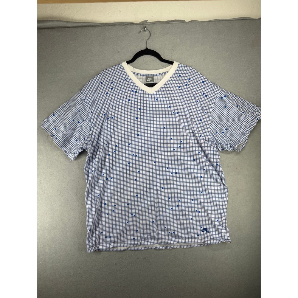 Nike Sportswear Mens 3XL V-Neck vintage T-Shirt Blue White Grid Nike Air Logo